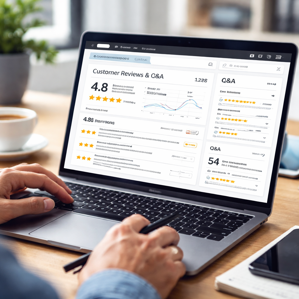 A photorealistic scene of a laptop screen showing an Amazon seller dashboard with review and Q&A metrics, realistic lighting, focused on a marketplace manager analyzing feedback. Alt: Amazon listing optimization company reviewing customer feedback metrics.