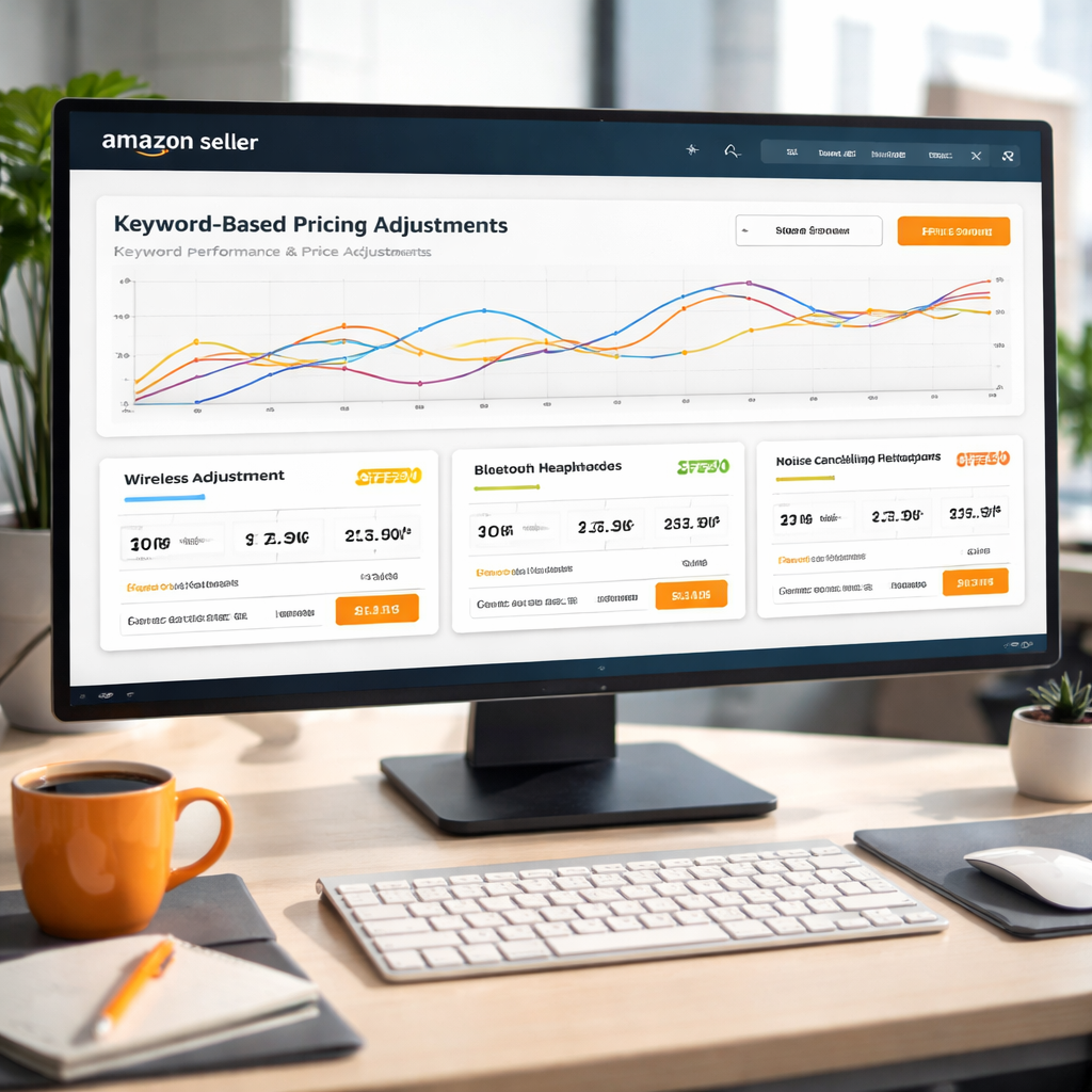 A photorealistic scene of an Amazon seller’s dashboard showing keyword performance charts linked to price adjustments, realistic lighting, modern office setting. Alt: Amazon listing optimization pricing dashboard with keyword‑based pricing adjustments.