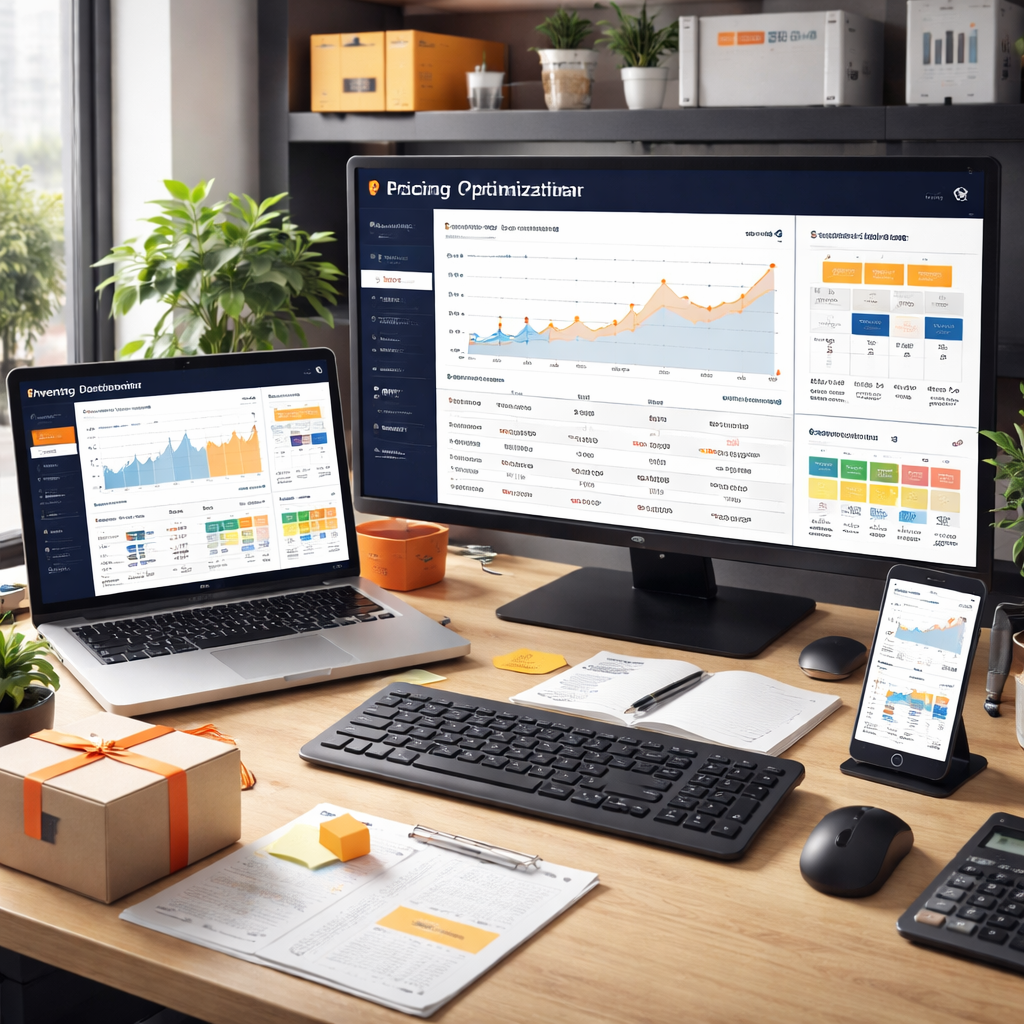 A photorealistic scene of an Amazon seller's workspace with multiple screens showing price dashboards, inventory charts, and seasonal calendars, Realism style, highlighting the concept of ongoing pricing optimization.