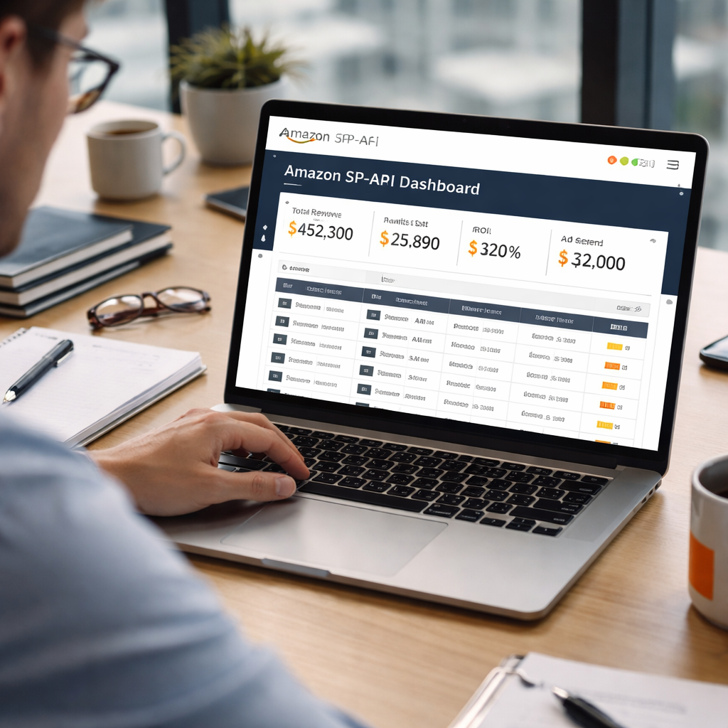 A photorealistic scene of a business analyst reviewing an Amazon SP‑API dashboard on a laptop, with a large catalogue spreadsheet visible, realistic office lighting. Alt: amazon marketplace SEO agency onboarding dashboard