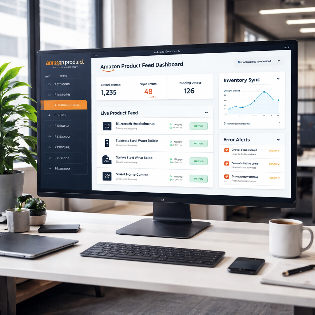 A photorealistic office scene showing a dashboard with live Amazon product feed metrics, charts of inventory sync and error alerts, realistic lighting, realistic style.