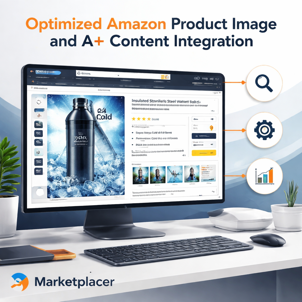 A photorealistic scene of an Amazon product listing screen showing a high-resolution main image, alt text describing a stainless steel water bottle with 24‑hour cold retention, linked to an amazon product feed optimization service workflow. Alt: Optimized Amazon product image and A+ content integration.