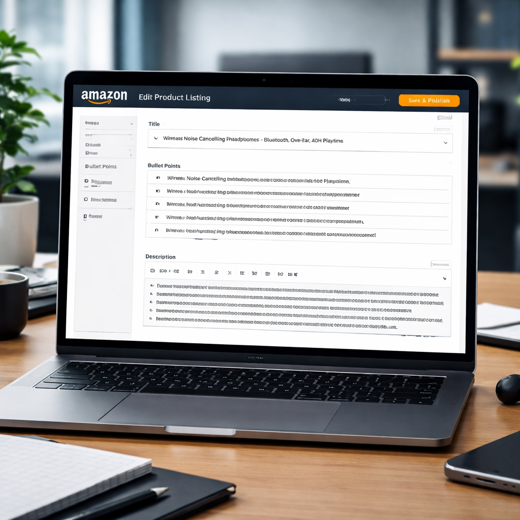 A photorealistic scene of a laptop screen showing an Amazon product listing editor with fields for title, bullet points, and description, realistic lighting, targeting enterprise e‑commerce teams. Alt: amazon product listing optimization service title bullet description editing view.