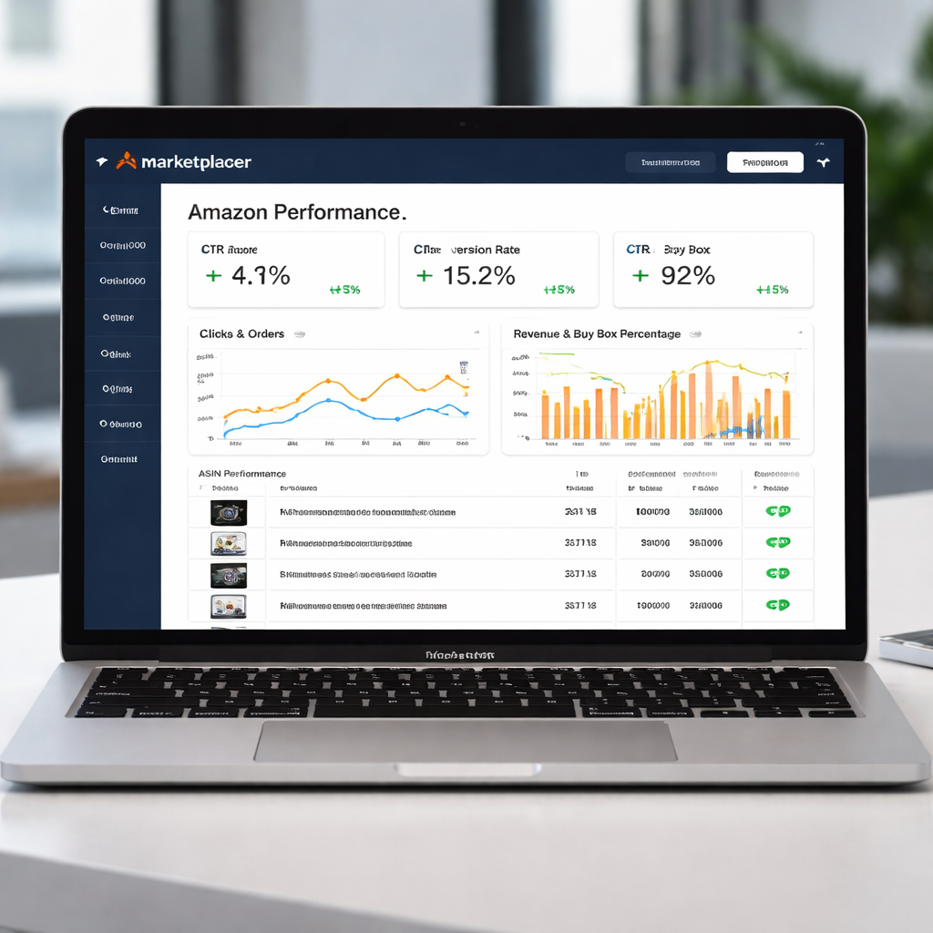 A photorealistic dashboard showing Amazon performance metrics (CTR, conversion, Buy Box) on a laptop screen, with charts and ASIN list. Alt: Amazon product listing optimization service performance tracking.