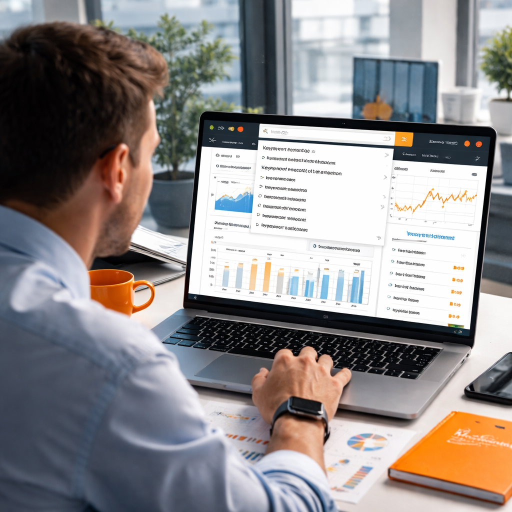 A photorealistic scene of an analyst looking at a laptop screen filled with Amazon search suggestions and keyword charts, Realism style, office setting, targeting enterprise e‑commerce teams.