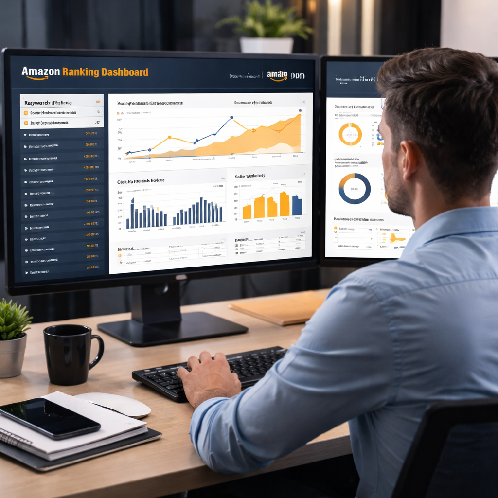 A photorealistic scene of an analyst at a desk, looking at a multi‑screen dashboard showing Amazon ranking metrics, click‑through rate graphs, and sales velocity charts. Alt: Amazon product ranking service performance monitoring dashboard.