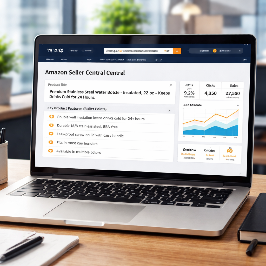 A photorealistic scene of an Amazon seller dashboard on a laptop, showing a product title field and bullet points list, with data charts indicating click-through rates, realistic lighting, office setting. Alt: Amazon product SEO service title and bullet optimization view.
