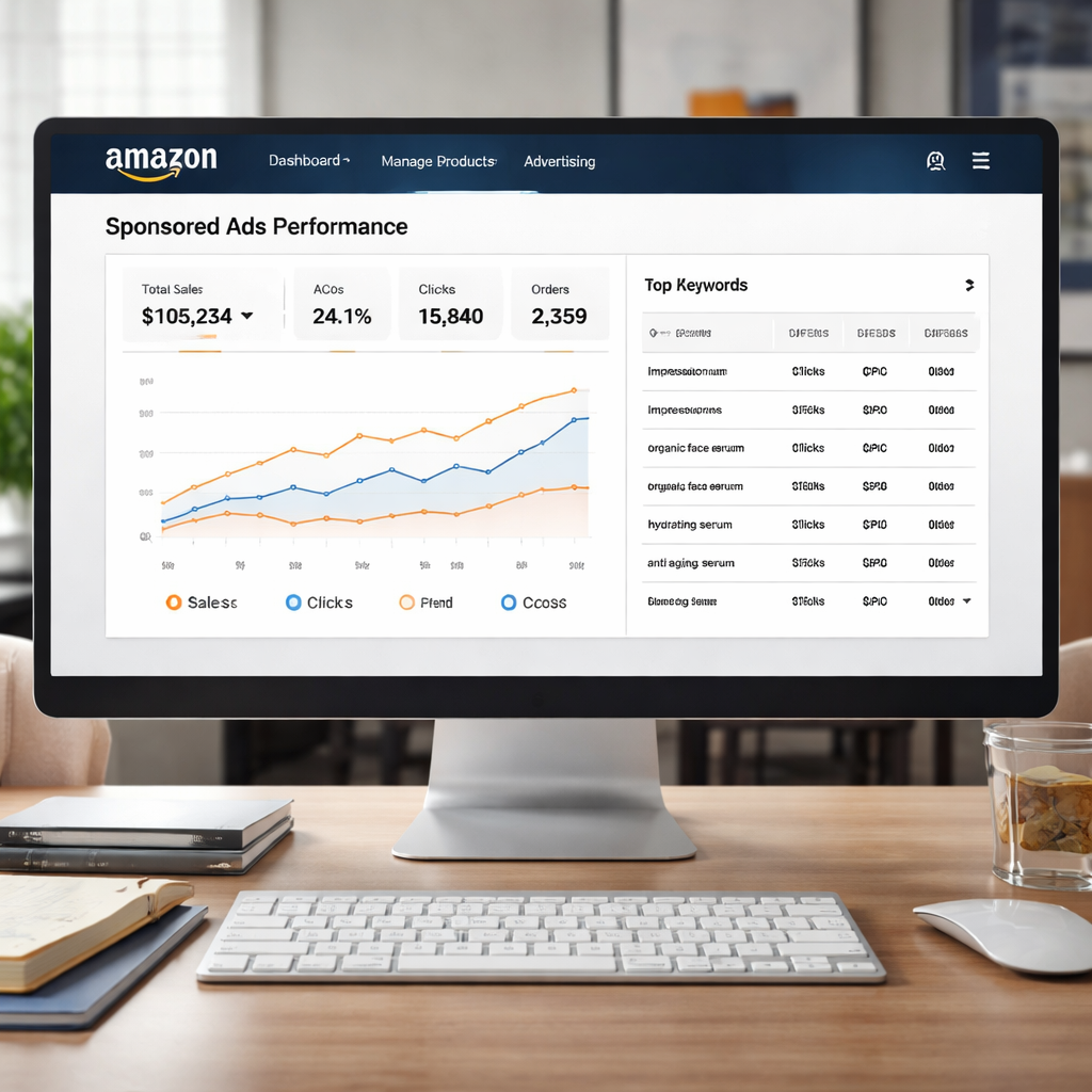 A photorealistic scene of an Amazon seller dashboard showing ad performance graphs next to keyword tables, realistic lighting, office setting. Alt: Amazon product SEO service integrates sponsored ads data for continuous optimization.