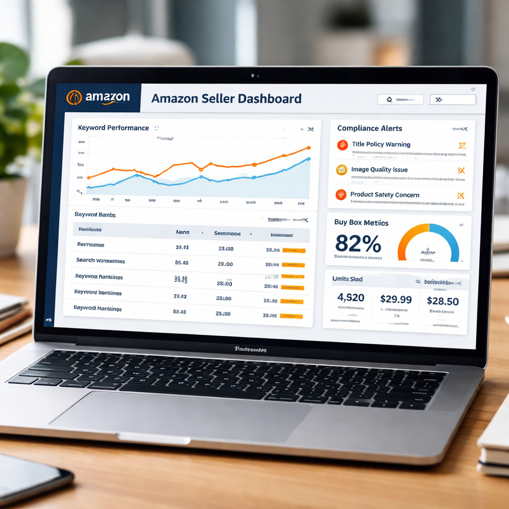 A photorealistic scene of an Amazon seller dashboard on a laptop, showing keyword graphs, compliance alerts, and Buy Box metrics, realistic style, targeting enterprise e‑commerce teams.