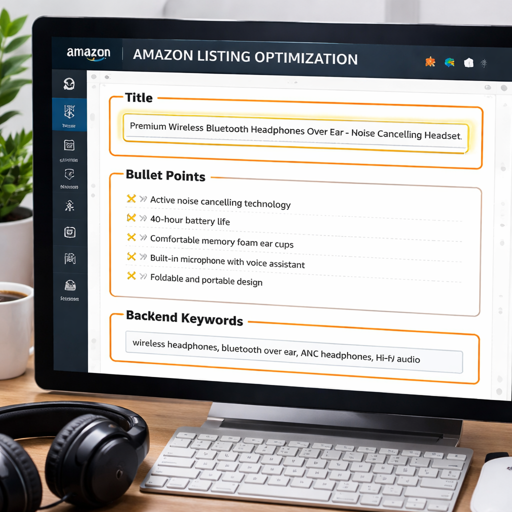 A photorealistic scene of an Amazon seller dashboard showing title, bullet, and backend keyword fields highlighted, Alt: Amazon seller SEO services title, bullet, backend optimization visualization.