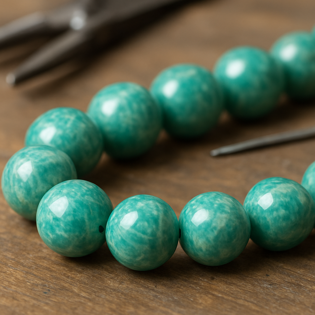 A close‑up of polished amazonite beads strung on a jeweller’s workbench, showing their turquoise‑green hues. Alt: amazonite beads meaning and history.