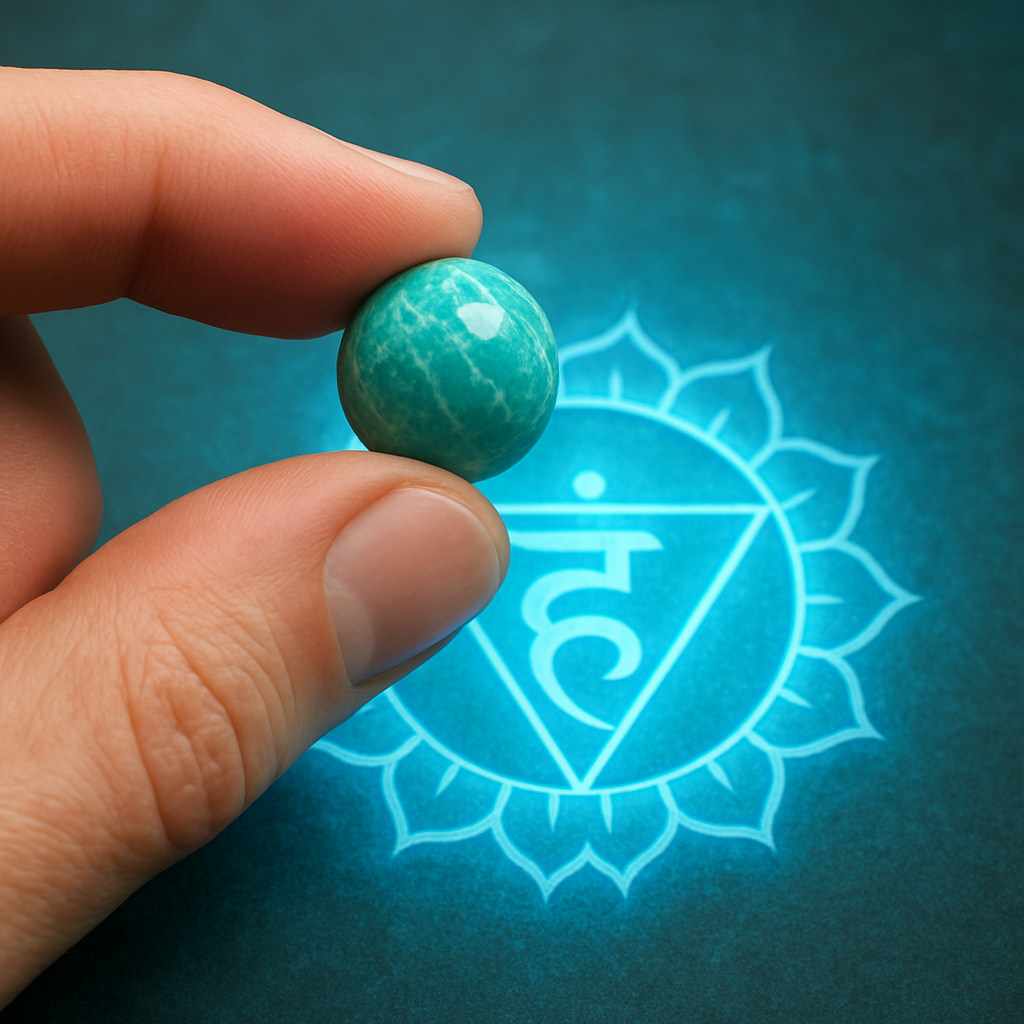 A close‑up of a hand holding a polished amazonite bead over a glowing throat chakra diagram. Alt: amazonite beads meaning in Reiki and chakra work, calming throat chakra.