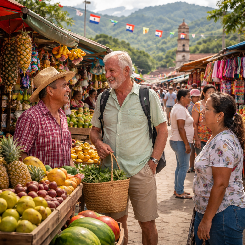 A realistic street market in a Costa Rican town, vendors selling fresh fruit, colorful textiles, and locals chatting with a smiling foreign retiree. Alt: Costa Rica market everyday life