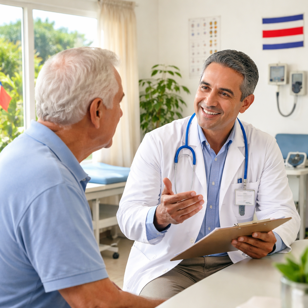A realistic interior of a Costa Rican clinic, a friendly doctor speaking with an older foreign patient, bright walls, and medical equipment. Alt: Costa Rica health care for retirees