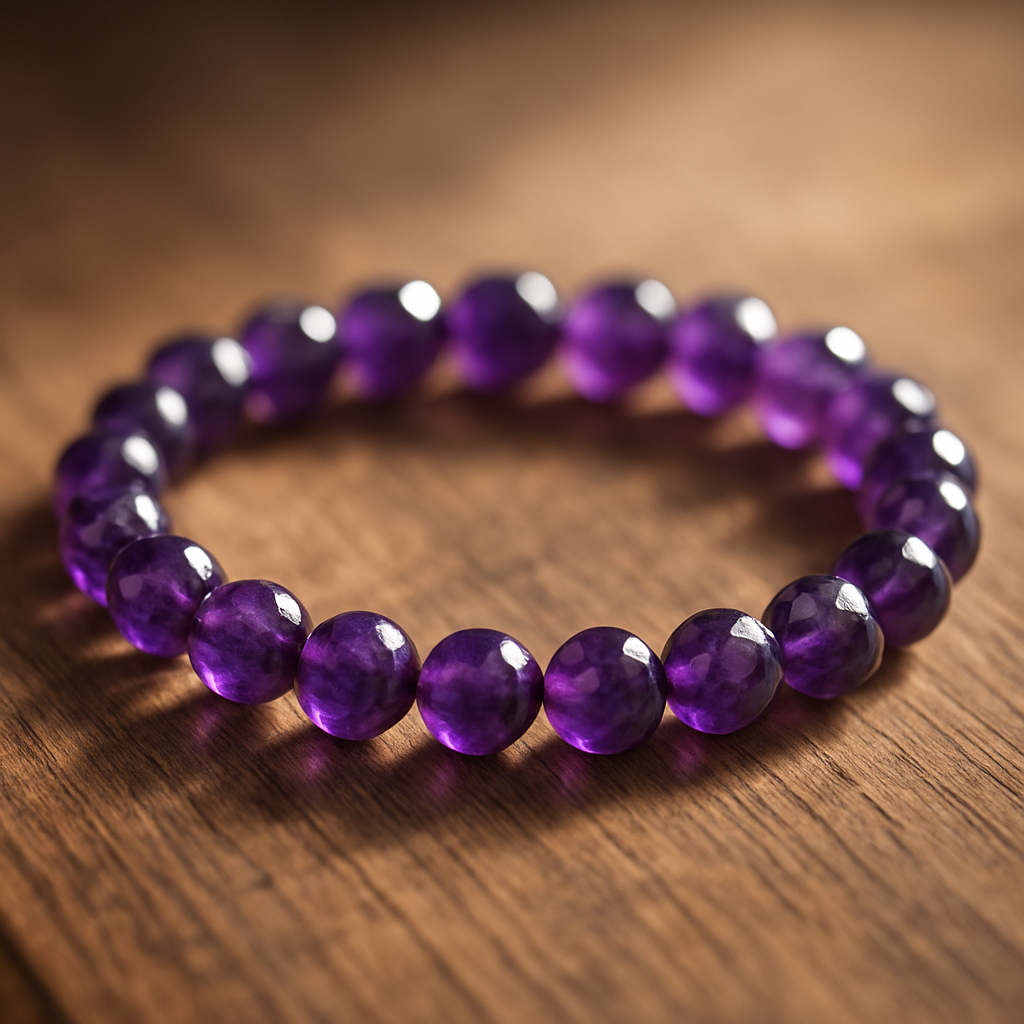 A close‑up of a handcrafted amethyst bracelet draped over a wooden table, soft morning light highlighting the purple facets. Alt: Amethyst bracelet on wooden surface, showcasing deep violet beads for SEO keyword “amethyst bracelet meaning”.