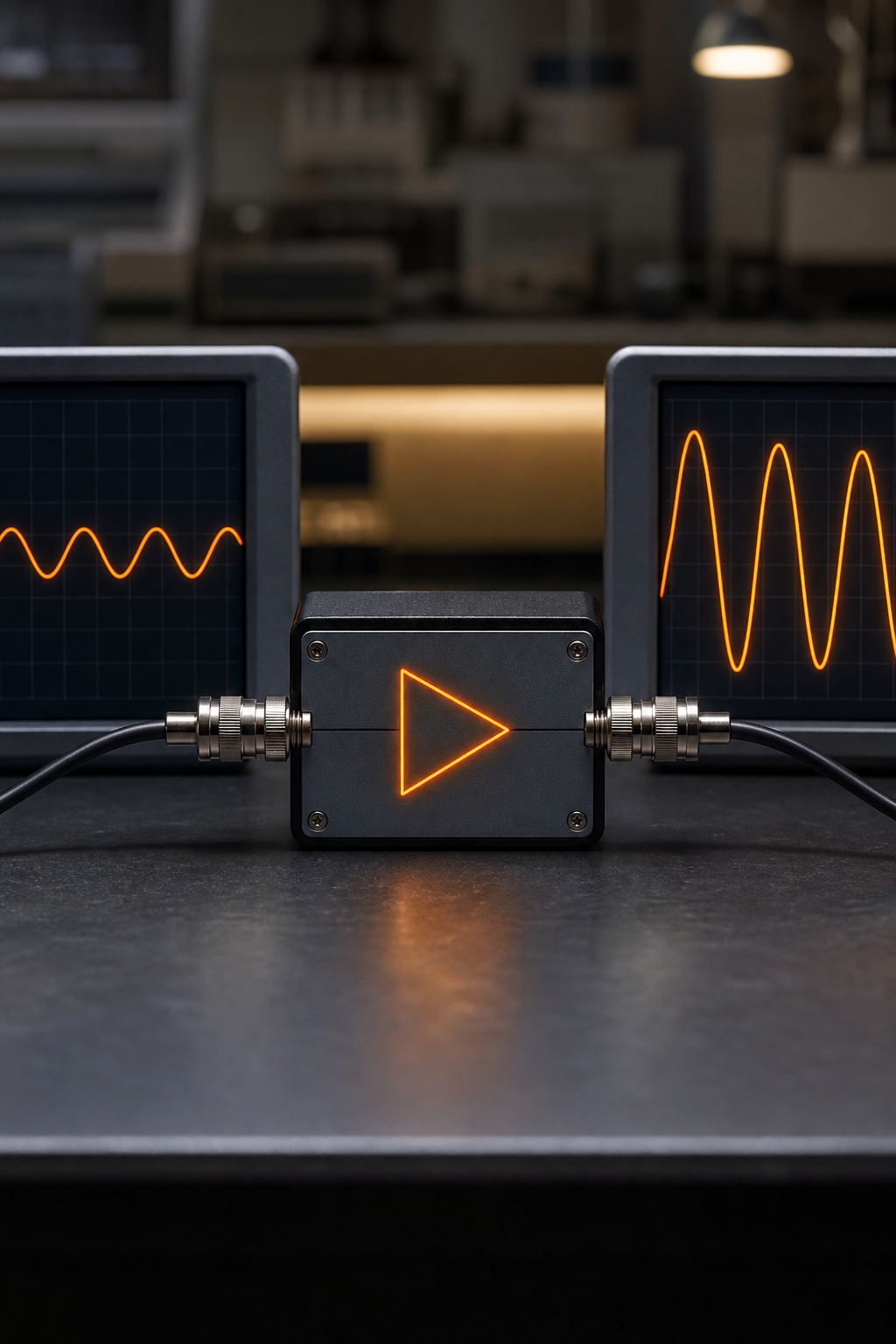 A photorealistic diagram showing a small sine wave input entering an amplifier block and a larger sine wave output exiting, with clean lines and a subtle orange accent for the amplifier icon. Alt: Diagram of an amplifier increasing signal amplitude.