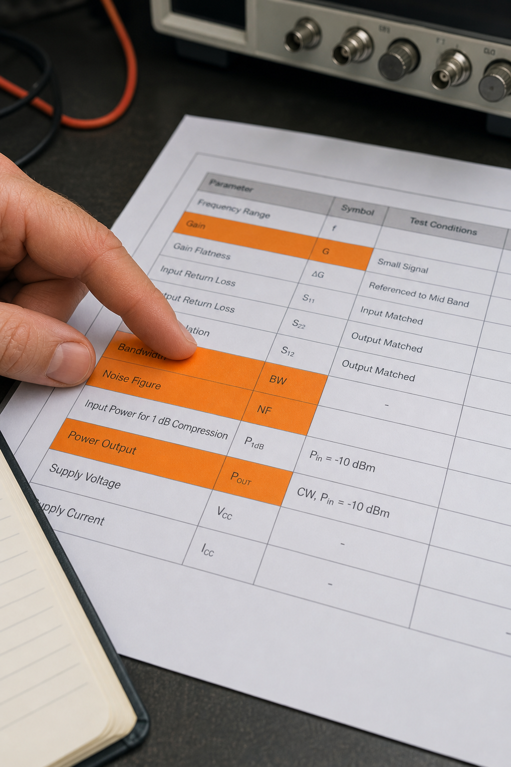 A realistic close-up of an engineer's hand pointing at a datasheet table with key amplifier parameters highlighted in orange: Gain, Bandwidth, Noise Figure, and Power Output. Alt: Amplifier datasheet with key specs highlighted.