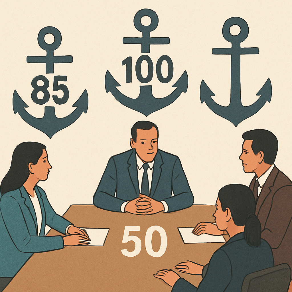 A negotiator at a conference table with floating numeric anchors around the participants, visualizing mental pull. Alt: Anchoring in negotiation concept illustration with negotiators and numeric anchors.