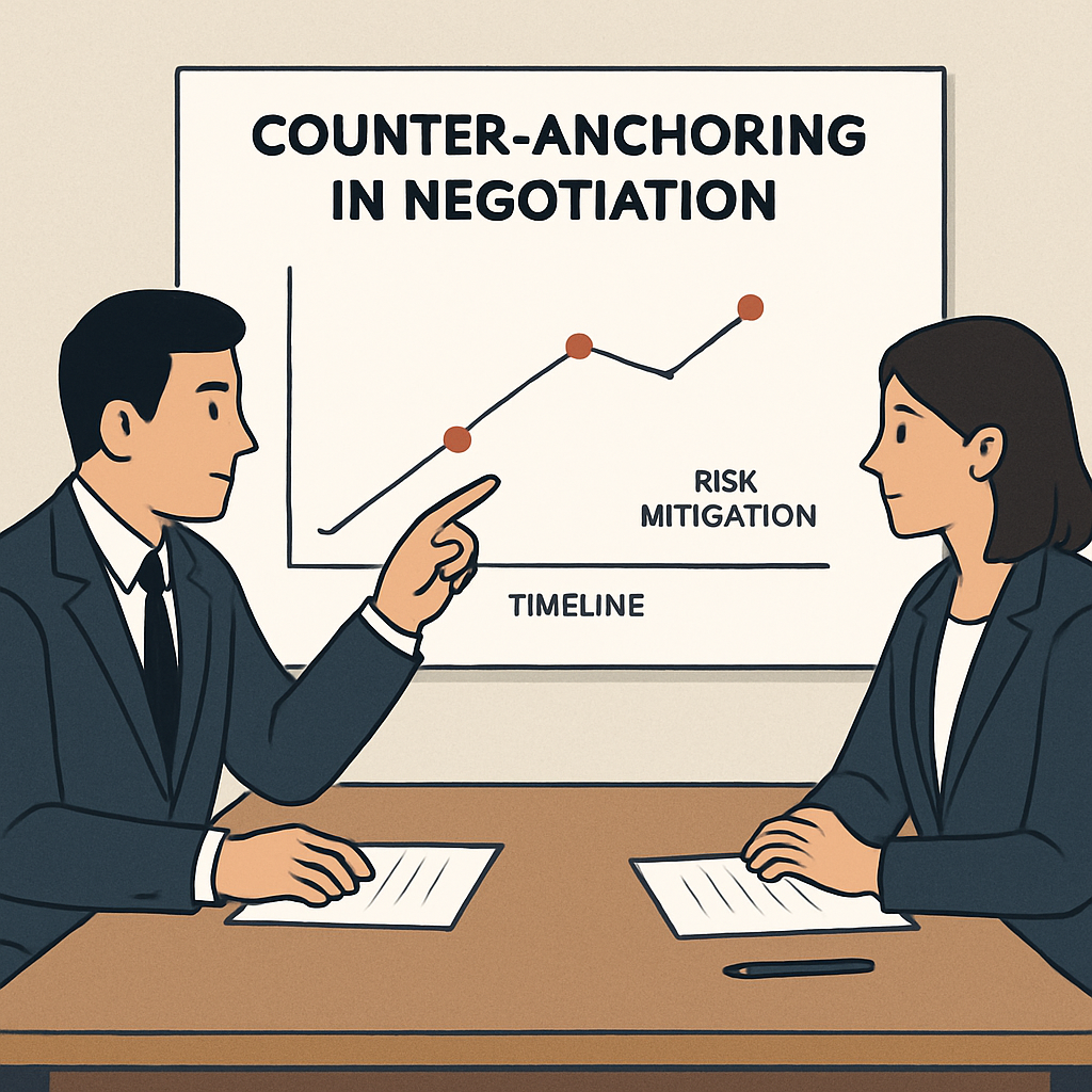 A negotiation table with two professionals, one pointing to a chart showing multiple anchor points – price, timeline, risk mitigation. Alt: Visual guide to counter‑anchoring in negotiation