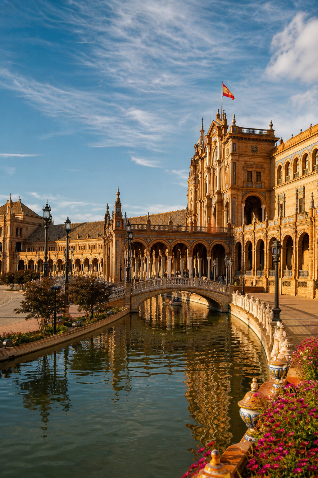 A photorealistic wide-angle shot of the Plaza de España in Seville, Spain, showing the semicircular tiled building with canal and bridge in golden afternoon light, 16:9 composition