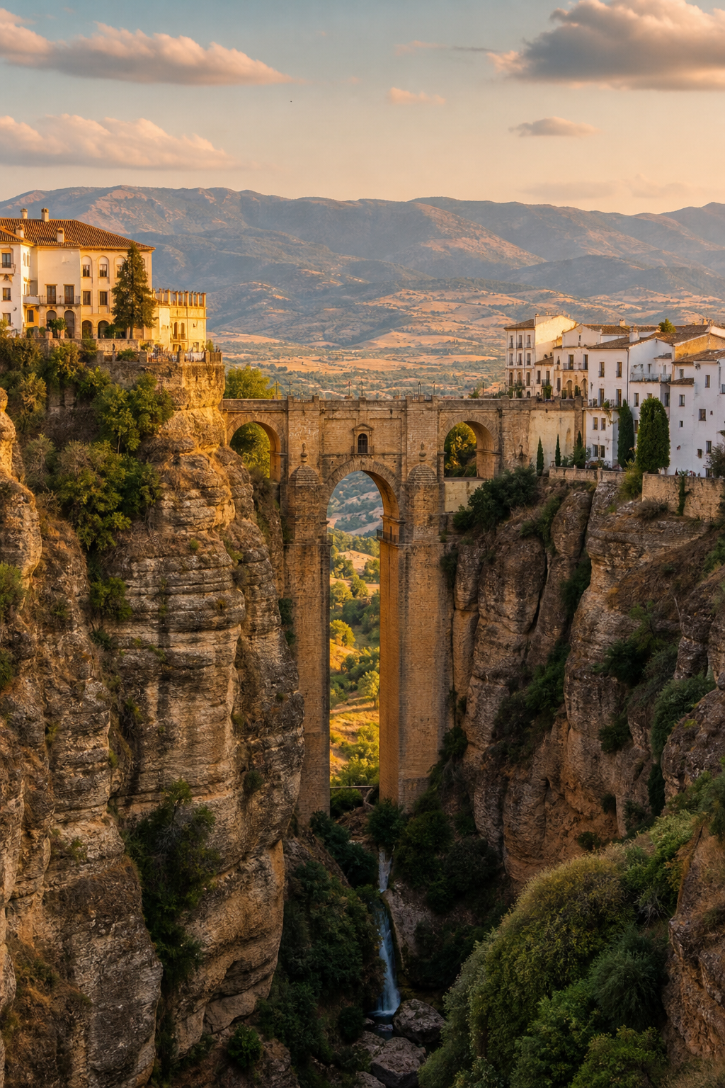 A photorealistic wide-angle view of the Puente Nuevo bridge spanning the El Tajo gorge in Ronda, Spain, with dramatic cliff scenery and Andalusian town buildings on both sides, golden hour light, 16:9