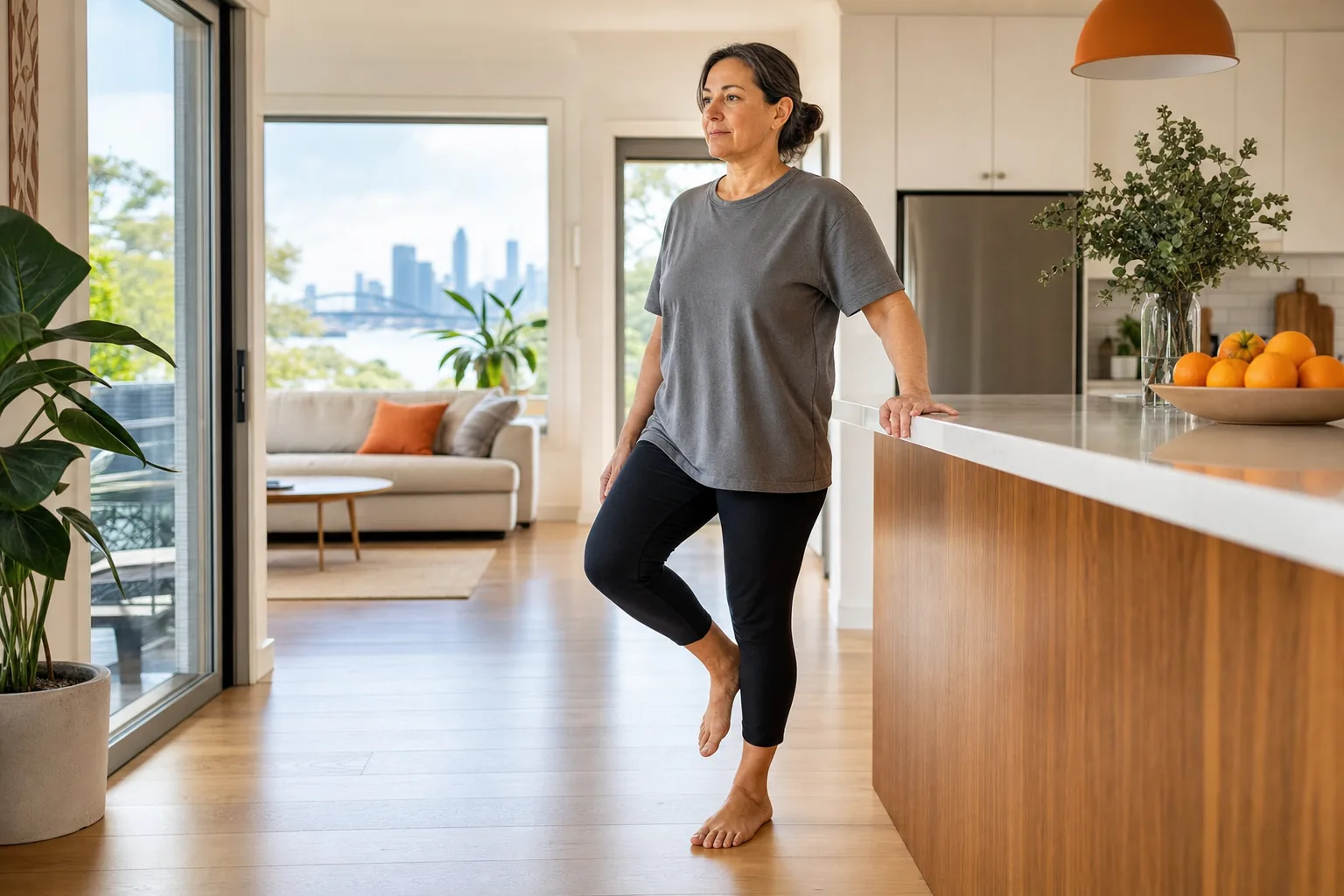 Supported single-leg balance exercise for ankle sprain rehabilitation in an Australian home.