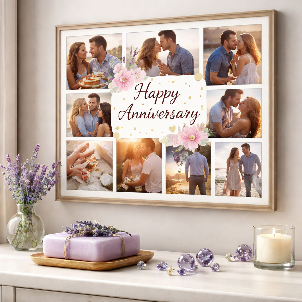 A photorealistic scene of a living room wall featuring a custom photo collage made from anniversary photos, surrounded by a scented lavender soap bar and a few sparkling gemstone beads on the table. Alt: Anniversary gift print on demand custom photo collage with lavender soap and gemstone beads.