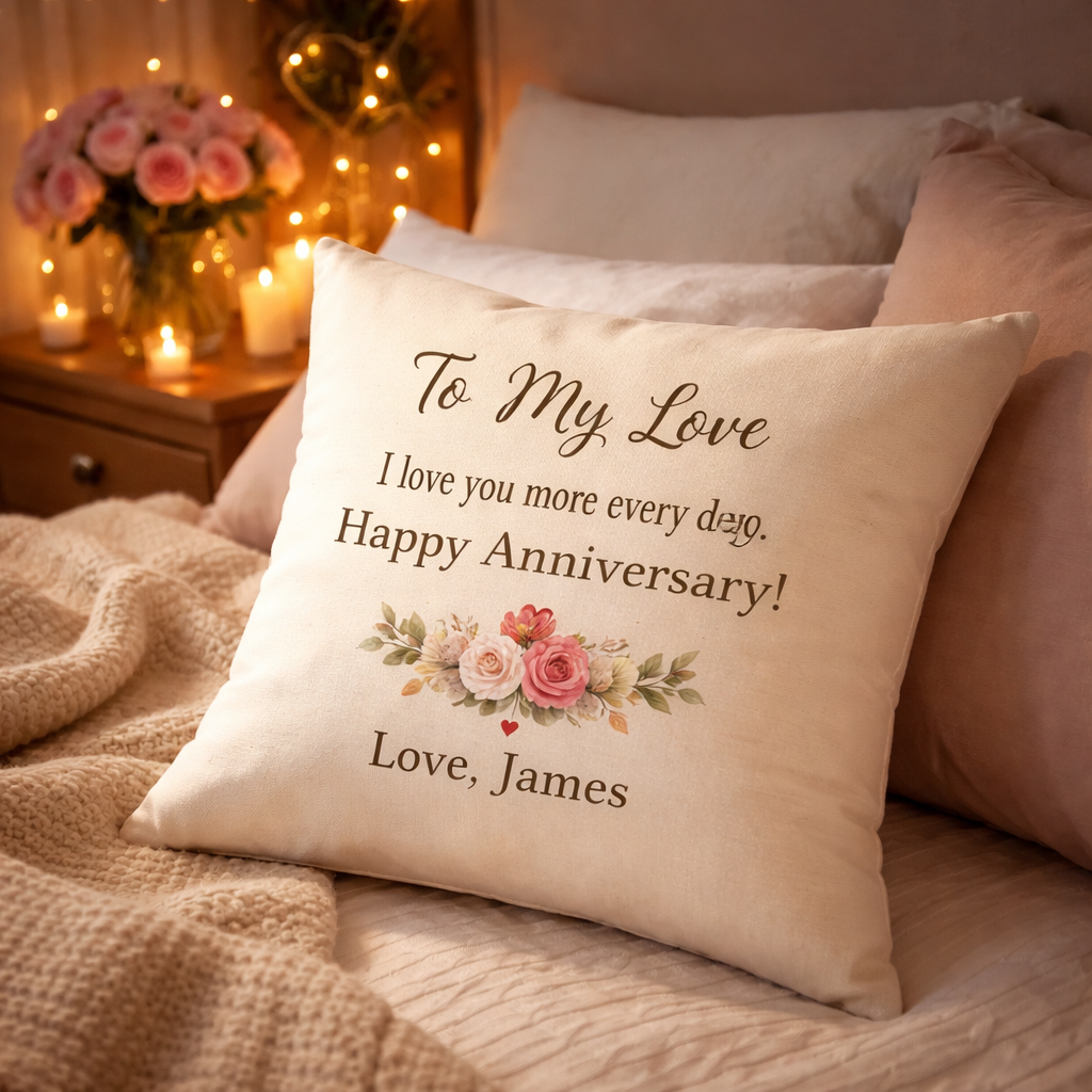 A photorealistic scene of a custom message pillow printed with a short love note, placed on a cozy bedroom bed with soft lighting, showing a couple's anniversary celebration. Alt: anniversary gift print on demand custom message pillow.