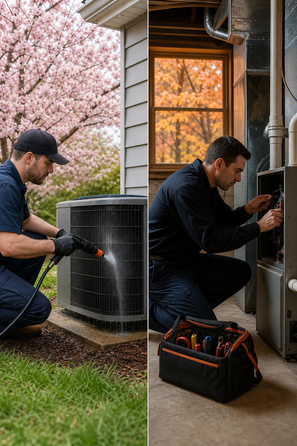 A photorealistic image of two seasonal scenes side by side: on the left, an HVAC technician cleaning an AC condenser unit in early spring with cherry blossoms; on the right, a technician inspecting a furnace in a cozy basement with autumn leaves visible through a window. Alt: Seasonal HVAC tune-ups in spring and fall for Auburn homes