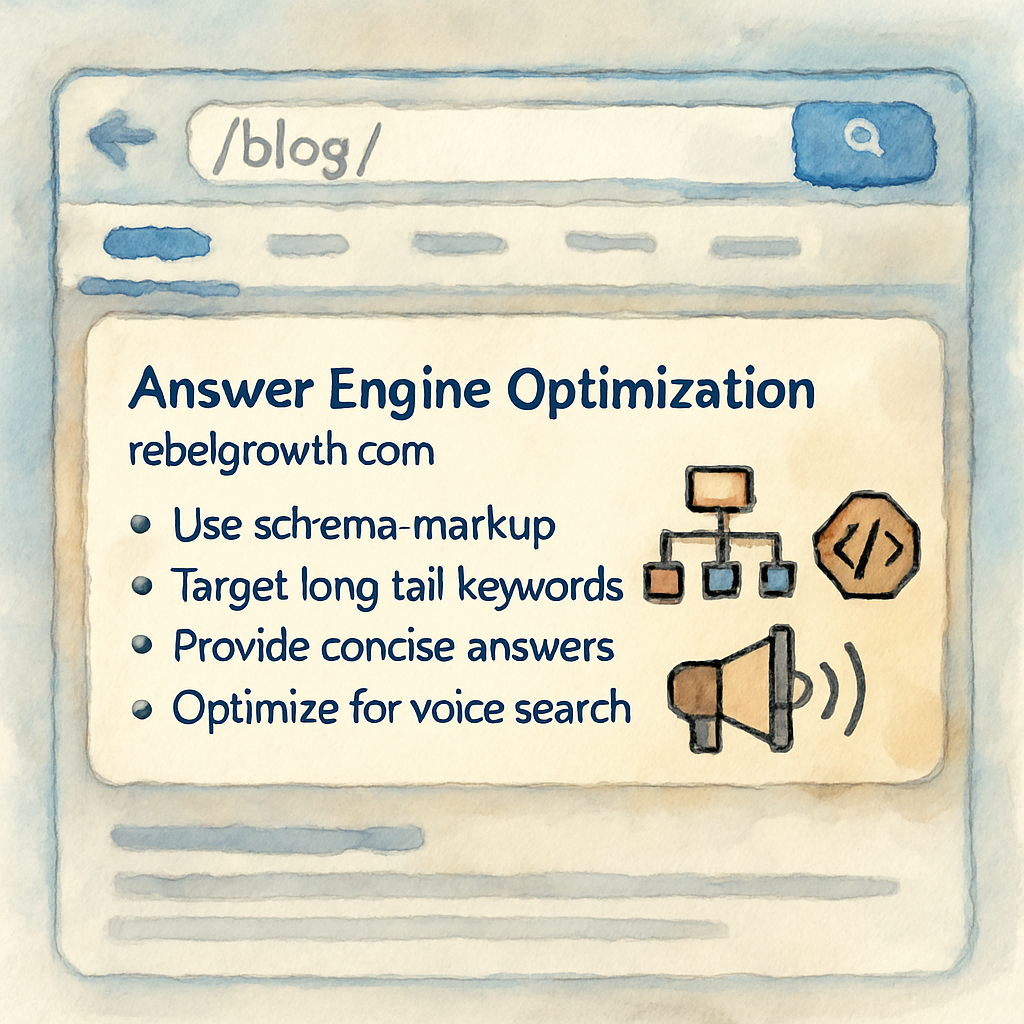 An AI‑generated illustration of a search engine displaying a featured snippet with bullet points, highlighting schema markup icons. Alt: Answer engine optimization visual guide