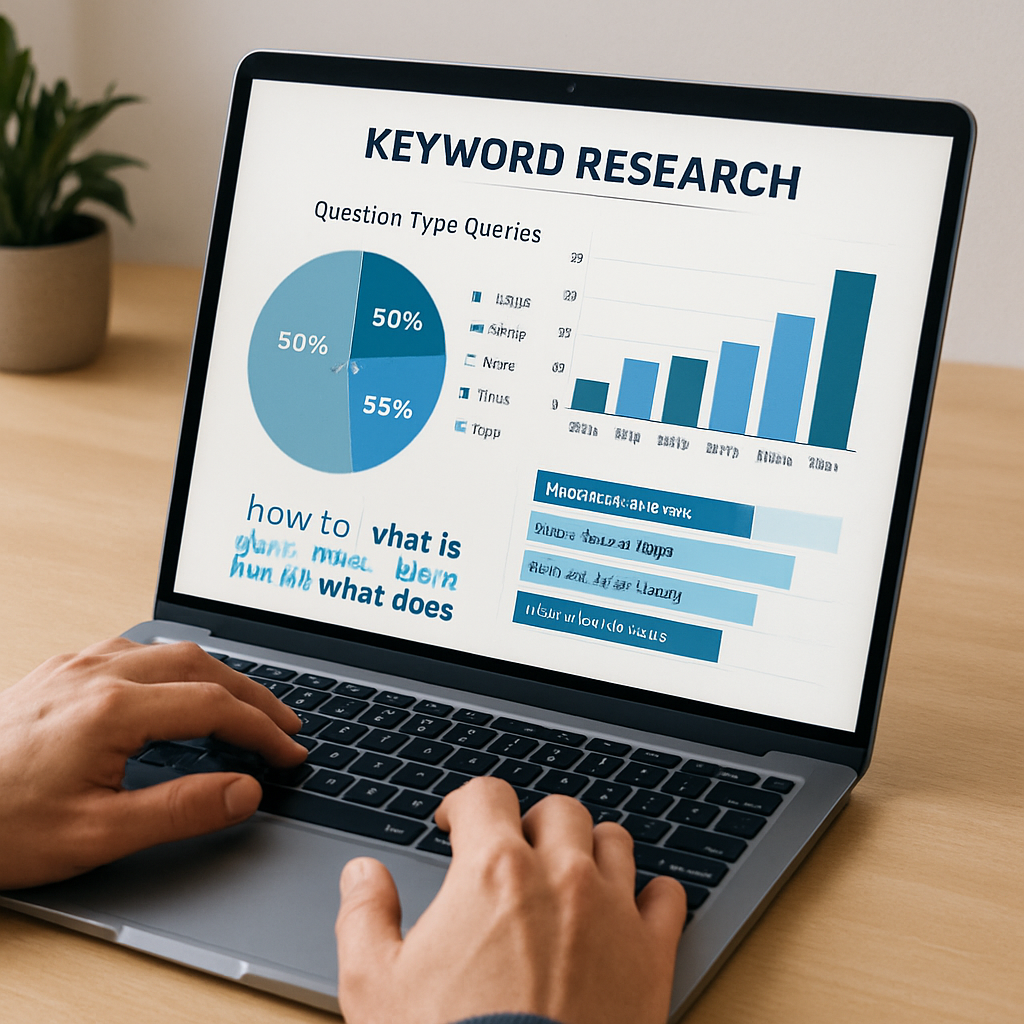 A marketer analyzing keyword research on a laptop, showing charts of question‑type queries. Alt: Answer intent keyword research visualization.