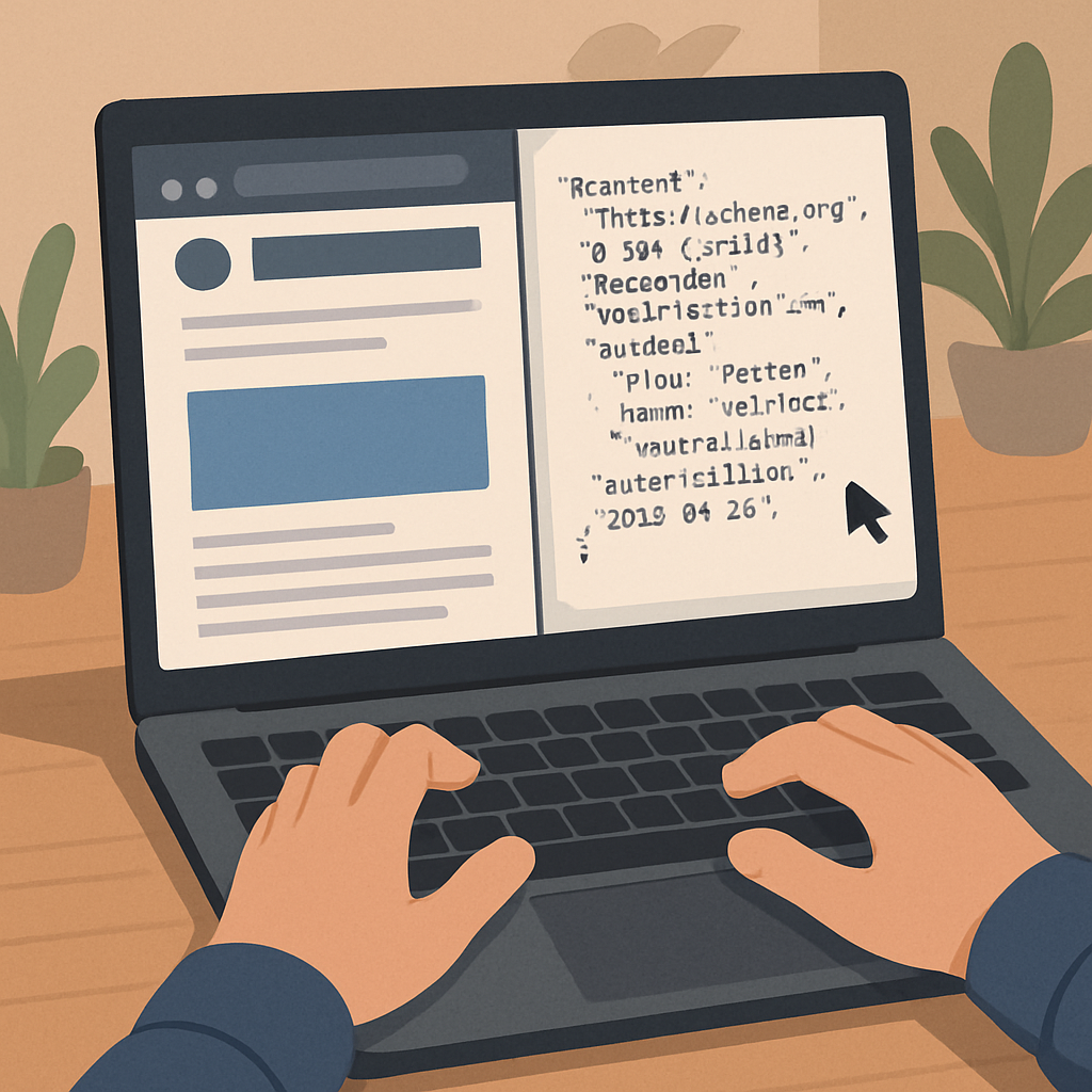 A person adding JSON-LD markup to a web page on a laptop. Alt: Structured data schema markup for answer engine optimization