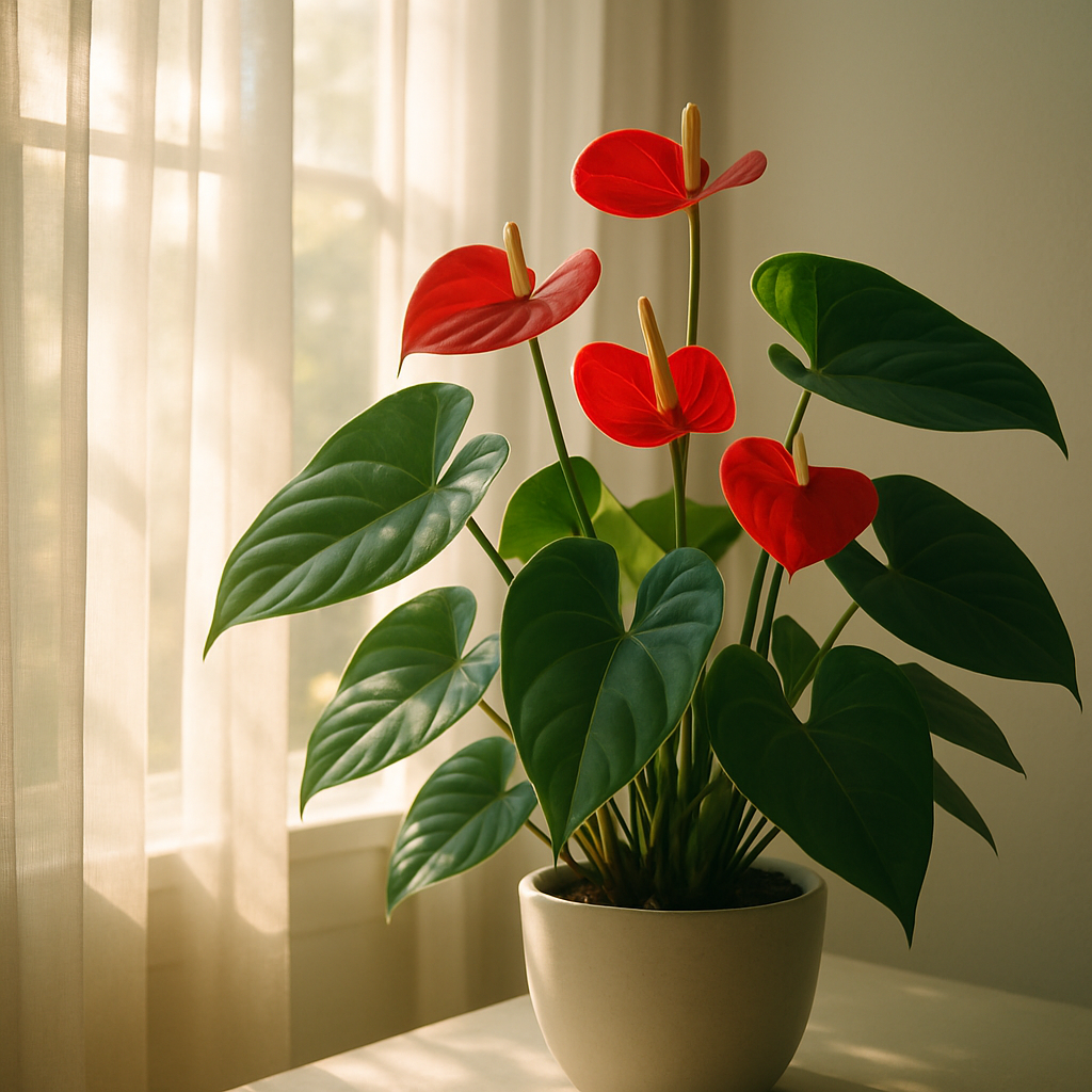 A bright indoor setting showing a healthy anthurium plant placed near a window with sheer curtains filtering sunlight, highlighting vibrant leaves and red blooms. Alt: Anthurium plant thriving in bright, indirect natural light indoors.