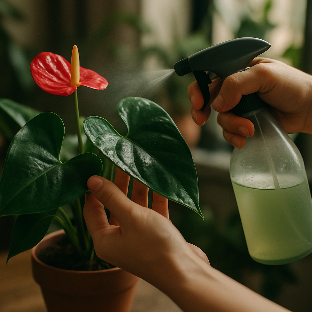 Close-up photo of someone carefully fertilizing an anthurium plant using a diluted liquid fertilizer spray. Alt: Fertilizing anthurium for optimal growth with liquid fertilizer in an indoor setting.