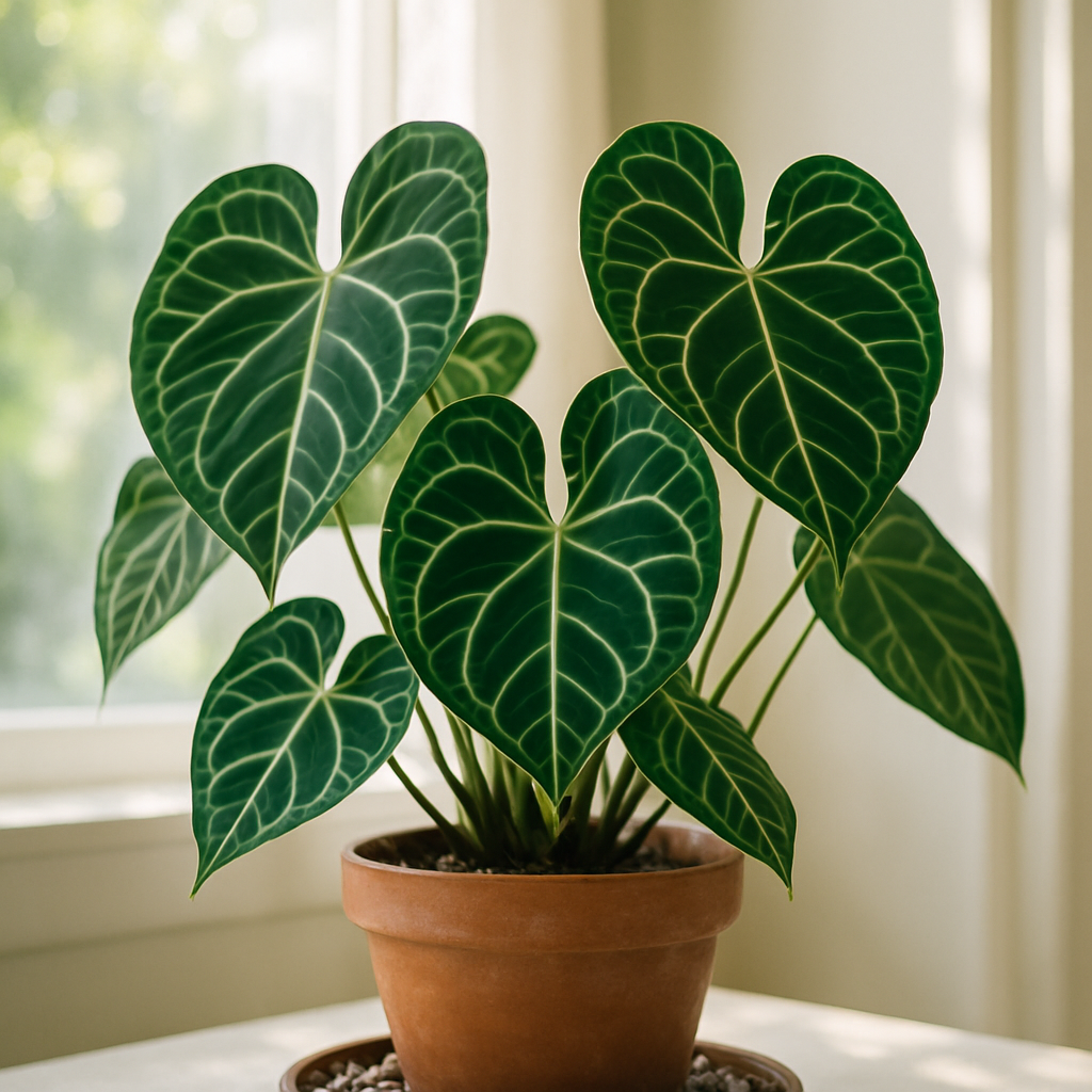 A lush Anthurium clarinervium plant in a bright indoor setting with filtered light and a pebble tray beneath the pot. Alt: Anthurium clarinervium thriving in bright indirect light indoors with humidity tray.