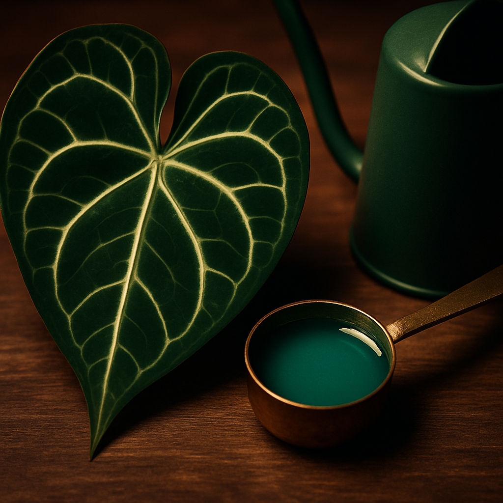 A close-up of a mature Anthurium clarinervium leaf with healthy, glossy veins next to a measuring spoon of fertilizer and a watering can. Alt: Feeding Anthurium clarinervium with liquid fertilizer for optimal care.