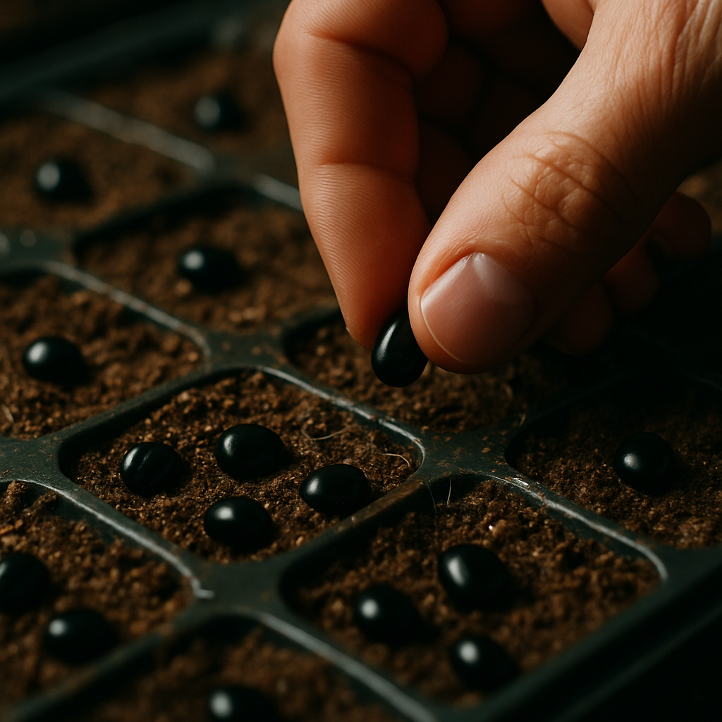 A close-up image of hand sowing shiny Anthurium seeds on a moist soil-less mix in a nursery tray. Alt: Anthurium propagation from seeds showing fresh black seeds planted in a sterile soil-less medium.
