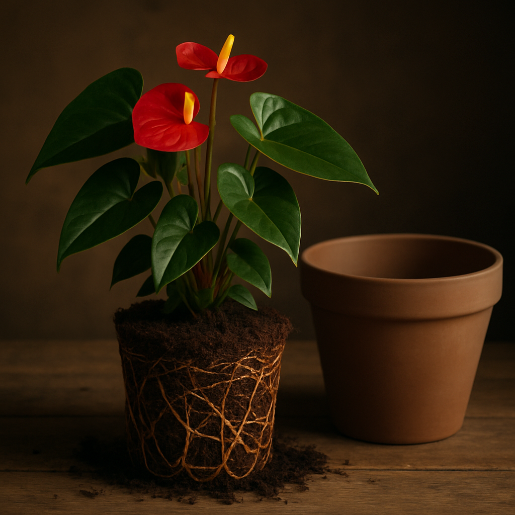A healthy anthurium plant showing rootbound signs next to a slightly larger pot ready for repotting. Alt: Anthurium repotting preparation with visible root ball and new pot.