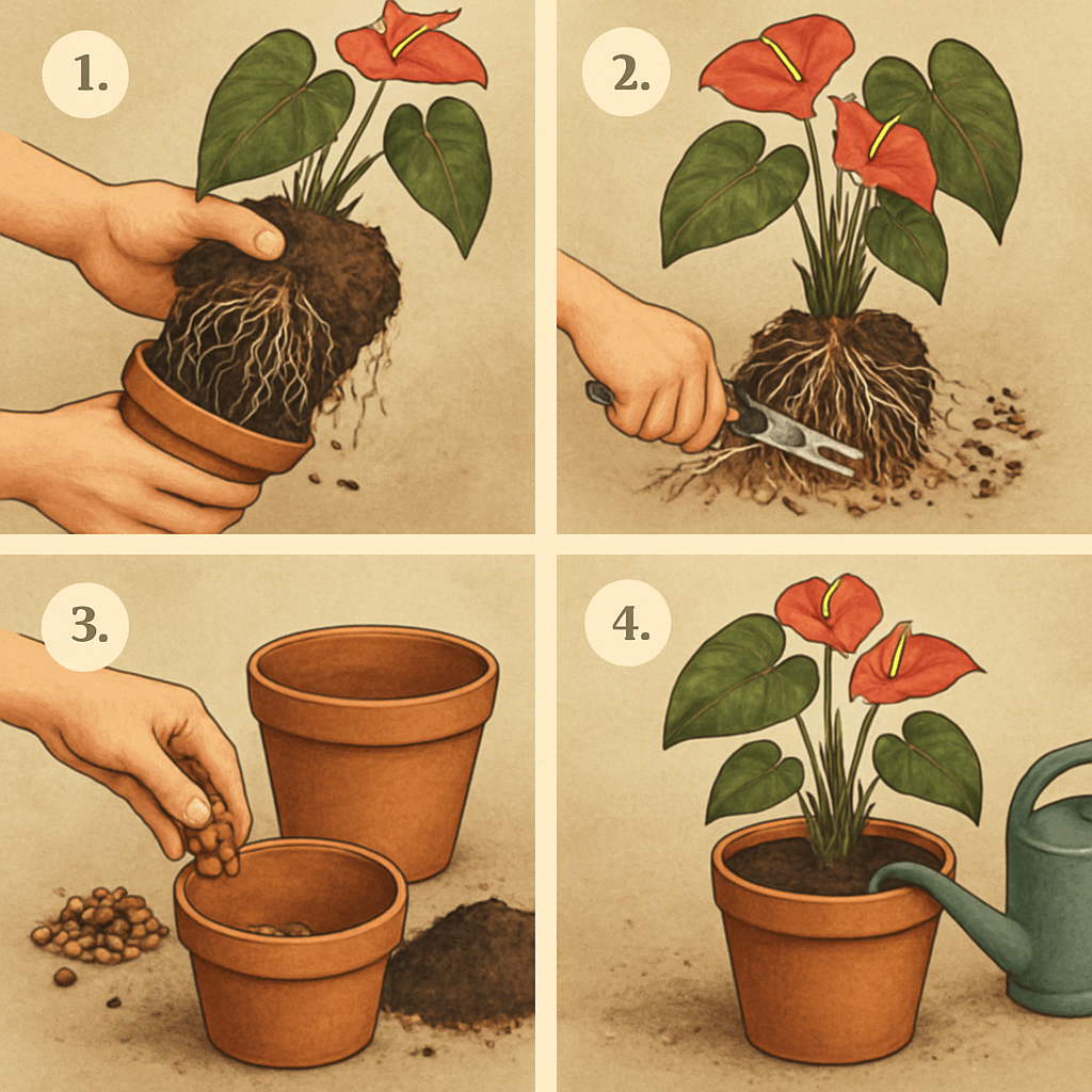 Step-by-step guide illustration for anthurium repotting process including removing plant, pruning roots, adding drainage layer, repotting, and watering. Alt: Step-by-step anthurium repotting process showing proper techniques for healthy plant care.