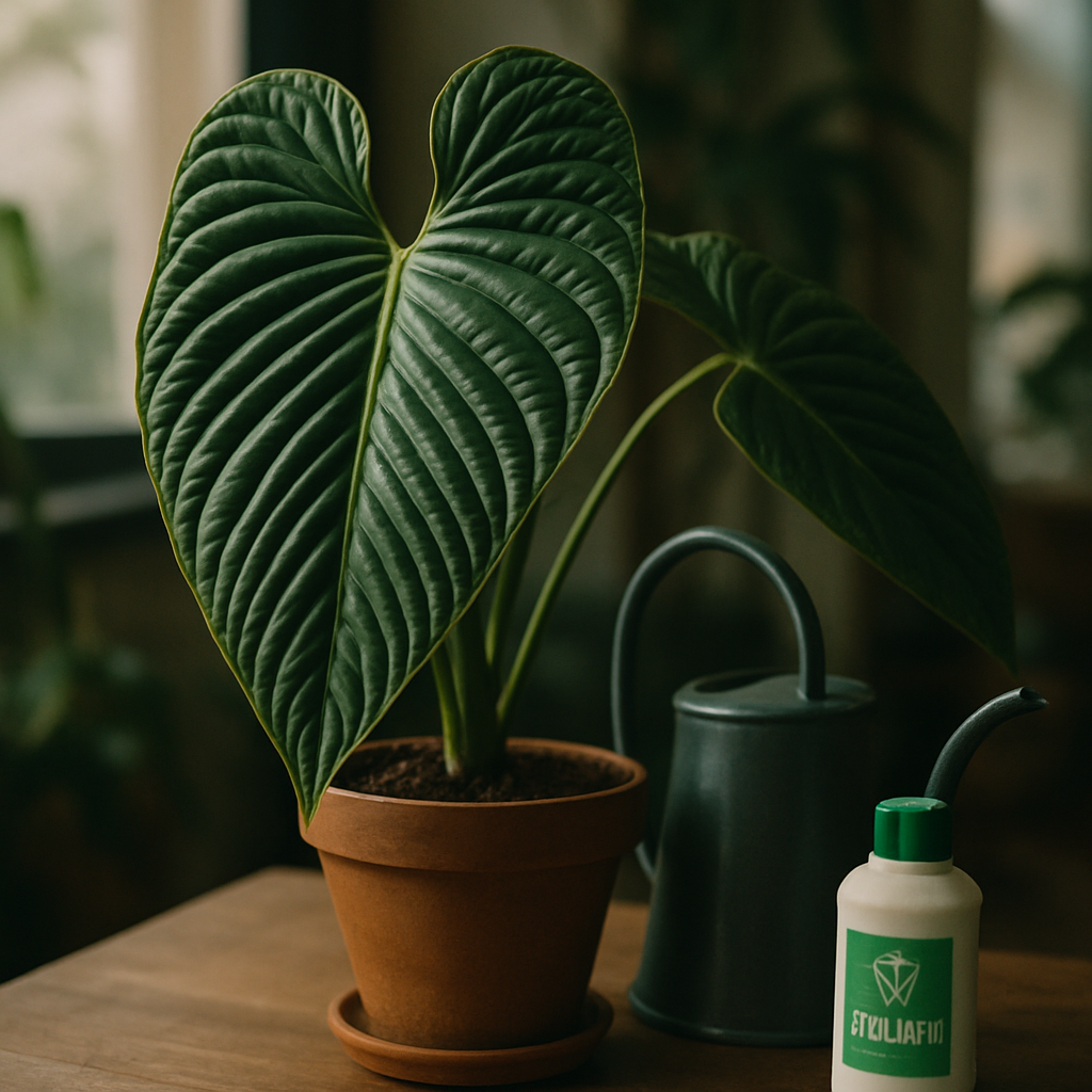 A close-up of an Anthurium veitchii in a well-lit indoor setting, showcasing its large, textured leaves, with a watering can and fertilizer bottle nearby. Alt: Anthurium veitchii care with fertilizing and nutrient feeding.