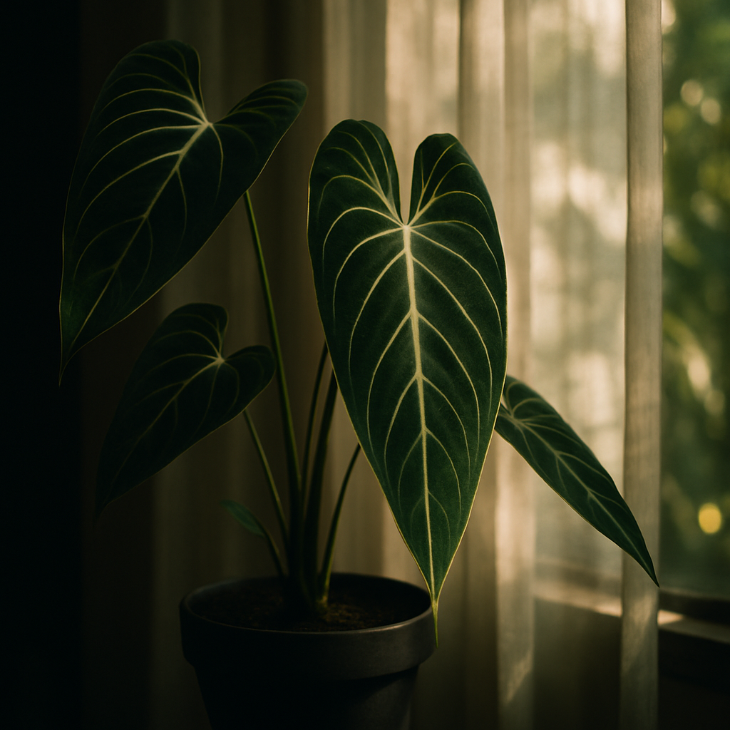 A well-placed Anthurium warocqueanum bathed in soft, filtered tropical light beside a sheer curtained window, highlighting its velvety leaves. Alt: Anthurium warocqueanum care with ideal filtered lighting conditions indoors.