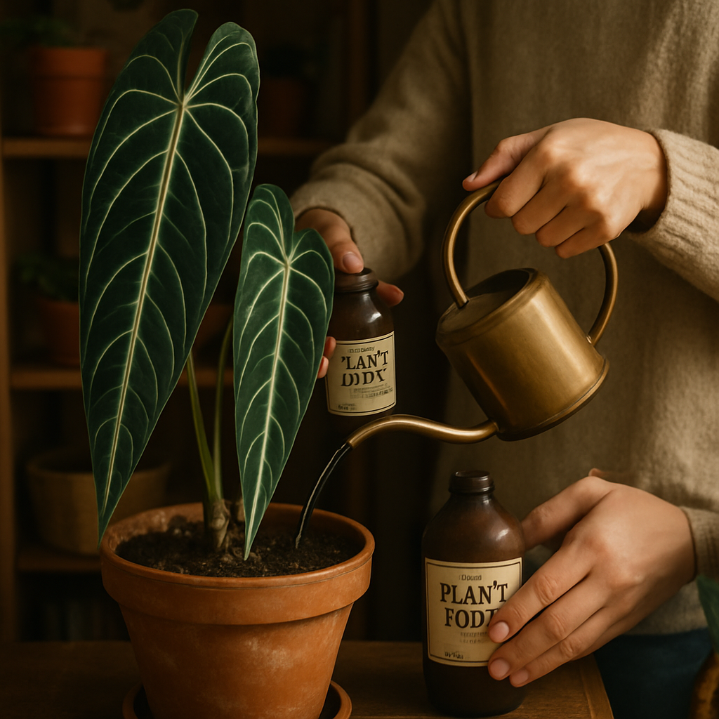 A cozy indoor scene showing a person gently fertilizing an Anthurium Warocqueanum with a small watering can. Alt: Fertilizing an Anthurium Warocqueanum with organic plant feed for healthy indoor growth.