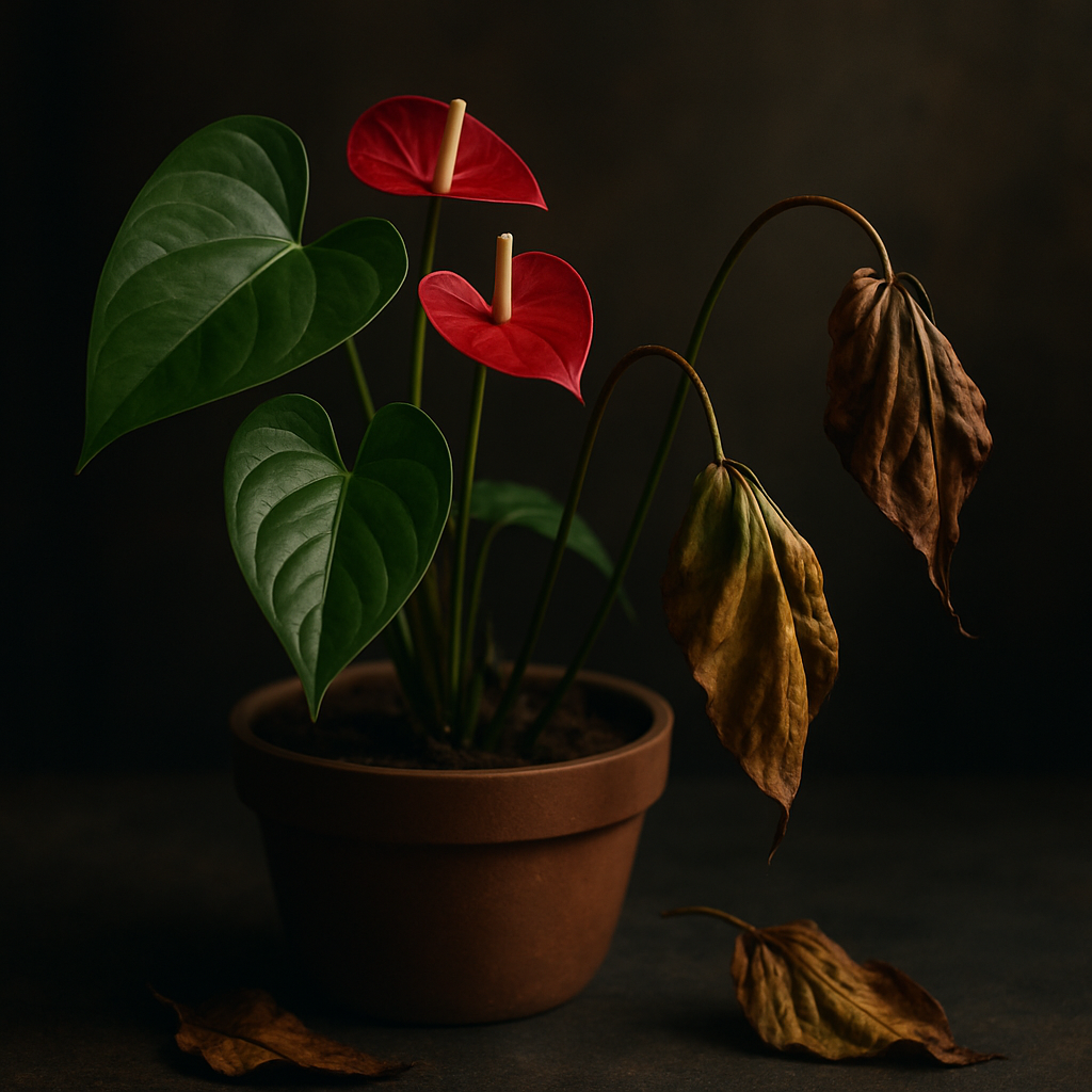 A healthy anthurium plant alongside wilted leaves and brown tips illustrating signs of overwatering and underwatering. Alt: Anthurium watering signs showing healthy green leaves contrasted with browning and drooping foliage.