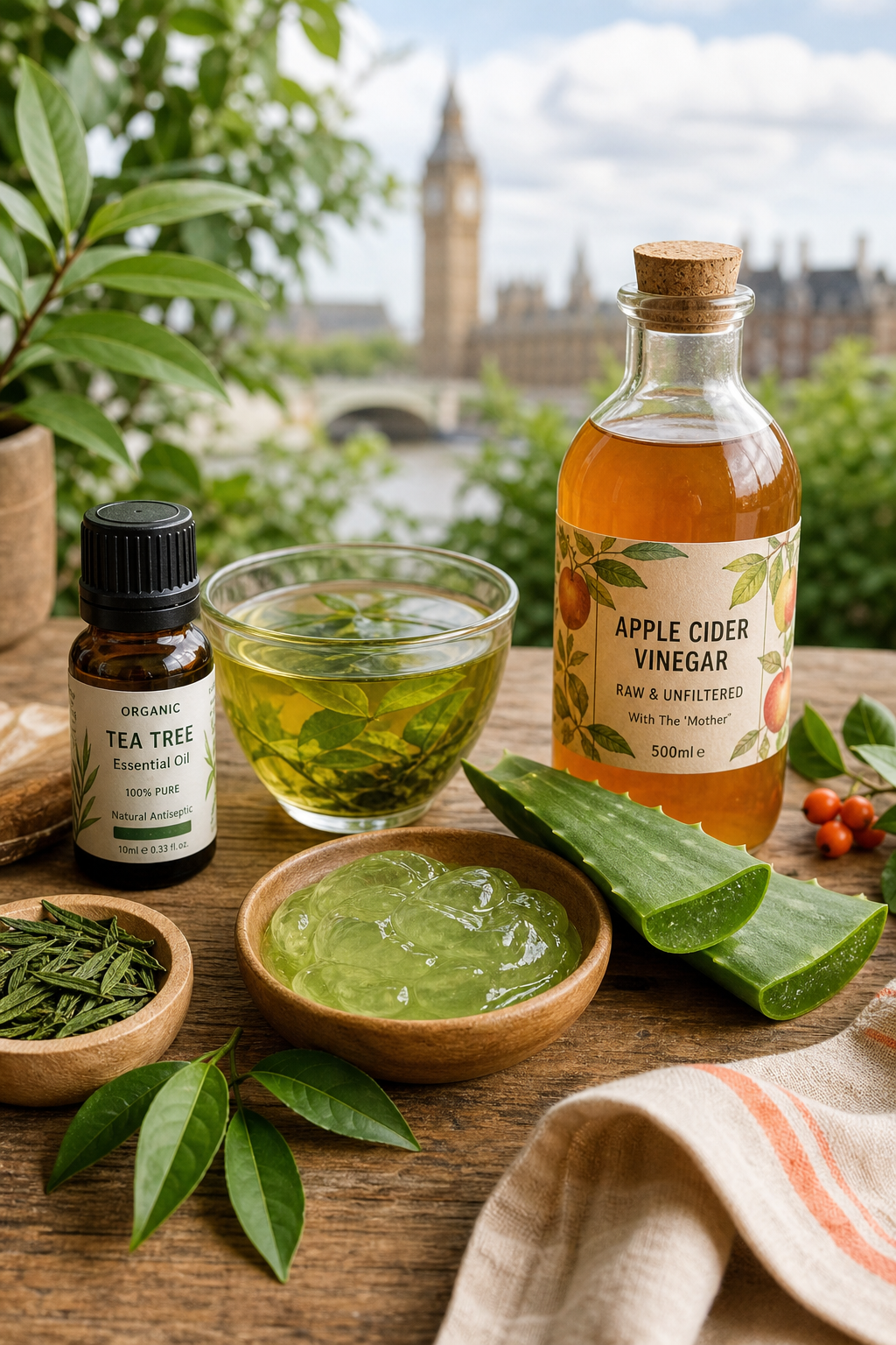 A photorealistic still life of natural acne-fighting ingredients including tea tree oil bottle, green tea leaves, aloe vera gel, and apple cider vinegar on a wooden table, natural daylight. Alt: Anti akne doğal tedavi için bitkisel yağlar ve doğal malzemeler