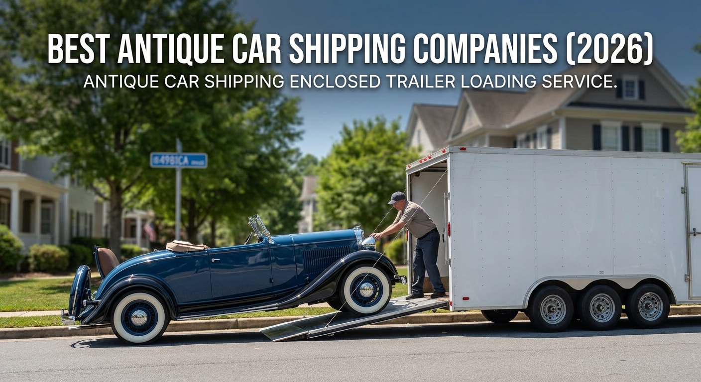 A photorealistic scene of an enclosed white transport trailer parked on a residential street, with a gleaming 1960s classic American muscle car being carefully loaded by two professional transporters in uniform, afternoon light, brand accent color #4981CA visible on equipment signage. Alt: Dispatch Dudes enclosed antique car shipping service loading a classic vehicle.