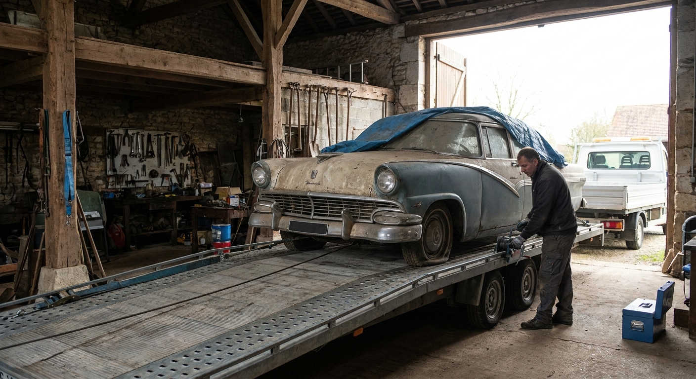A close-up photorealistic shot of a classic lowered 1960s coupe being secured inside an enclosed trailer using soft-tie wheel straps, with a hydraulic lift gate visible in the background, warm workshop lighting, no text or numbers visible. Alt: Soft-tie enclosed carrier securing a low-clearance antique car for transport.