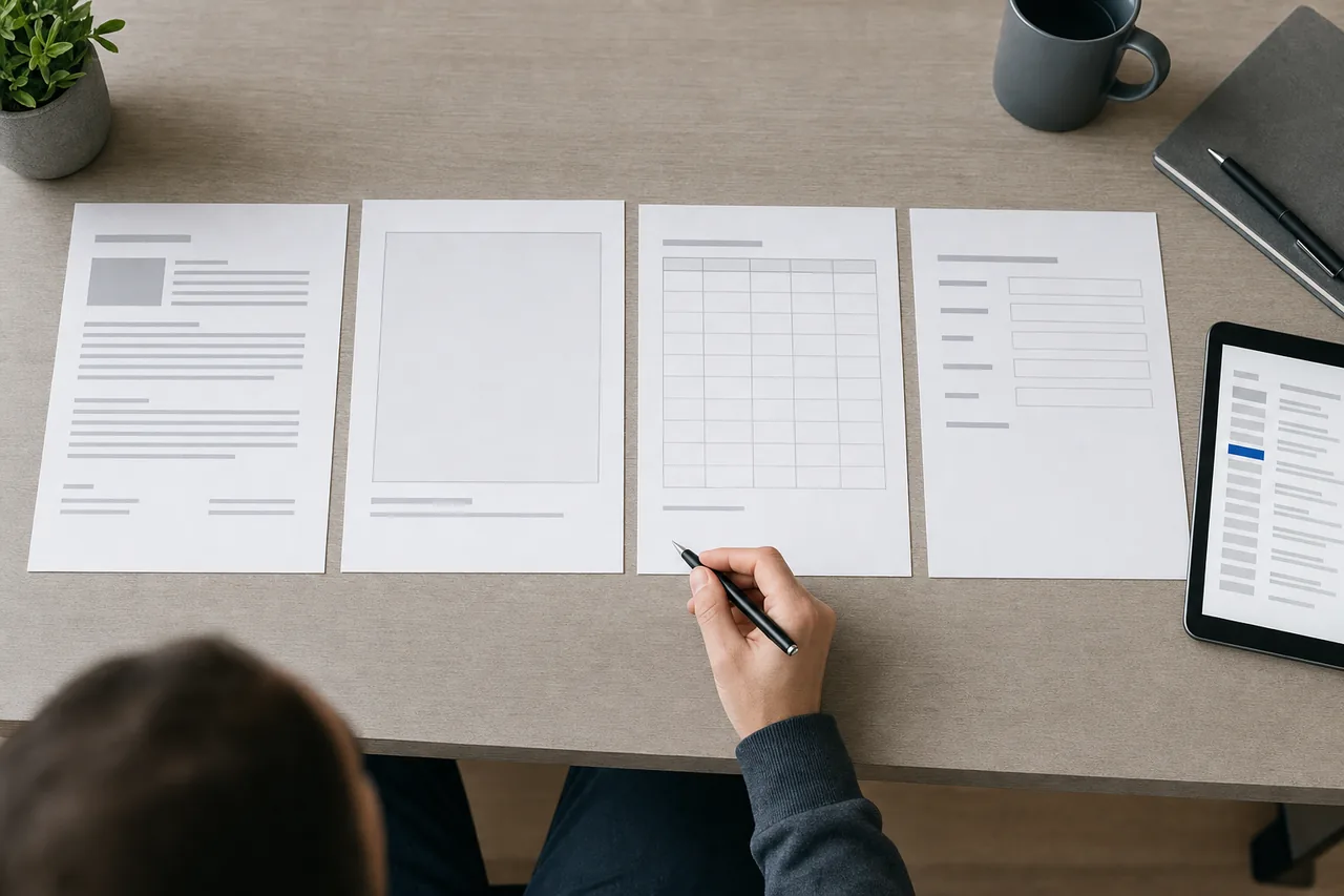 Four printed pages laid side by side on a desk, one with headings and text blocks, one with a large picture area, one with an empty table grid and one a blank form, with a hand holding a pen above them.