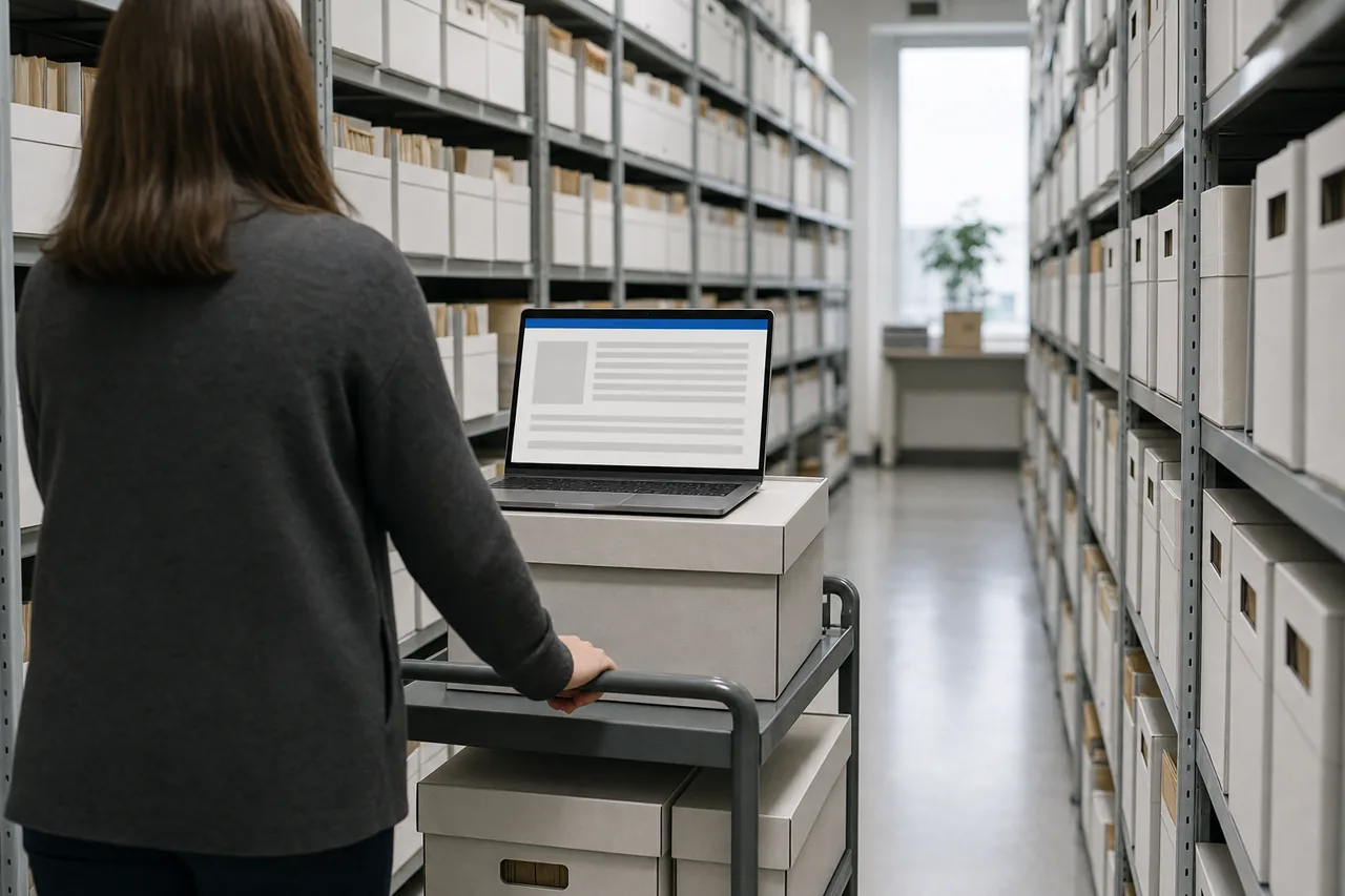 A person seen from behind pushes a cart of archive boxes down an aisle of shelved document boxes, with an open laptop on the cart showing a plain document outline.