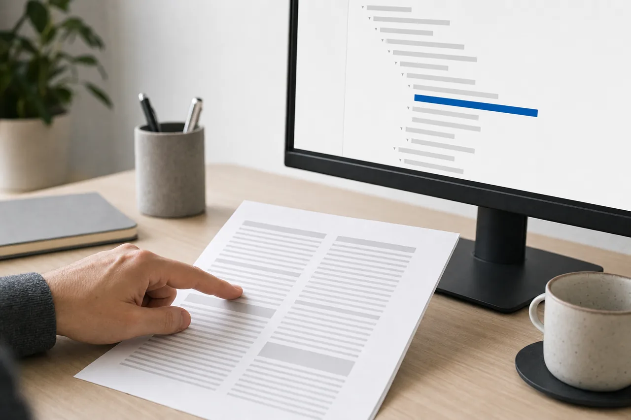 A hand traces a finger down a printed two-column page beside a monitor showing an indented outline of blank bars, one of them highlighted in blue.