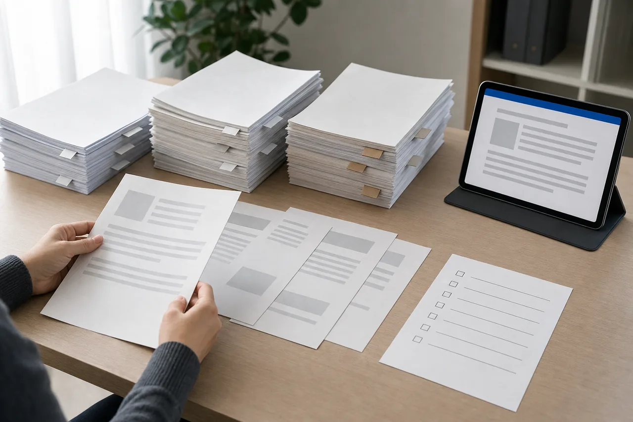 Three stacks of documents with plain paper tabs on a desk, a few pages pulled out in front as a sample, next to a blank checklist and a tablet showing a plain document outline.